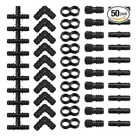 50 Pièces Raccords d'Irrigation 16mm pour Tuyau d'Arrosage Goutte à Goutte, Kit de Connecteurs avec Té, Coude, Bouchon et Raccord Droit, Matériel d'Arrosage pour Jardin et Potager (1/5)