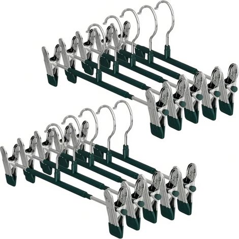 10 Hosenbügel, Metall-Hosenhalter, Bügel mit 2 rutschfesten und verstellbaren Clips, platzsparender Damenrockbügel zum Aufhängen von Mänteln, Jeans, Socken, Grün