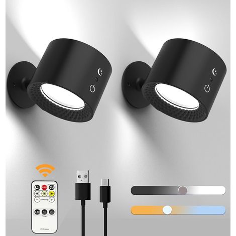 Lot de 2 Pièces Applique Murale Interieur, LED Lampe Murale Rechargeable avec Télécommande Contrôle Tactile, 3 Niveaux de Luminosité 3 Températures Rotatifs 360° Lampe de Chevet pour Chambre à Coucher