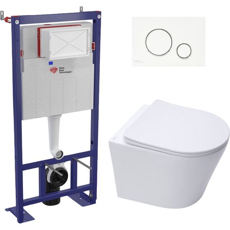 Swiss Aqua Technologies – Pack WC suspendu sans bride – Bâti-autoportant avec fixations invisibles – Abattant softclose – Plaque blanche/chrome