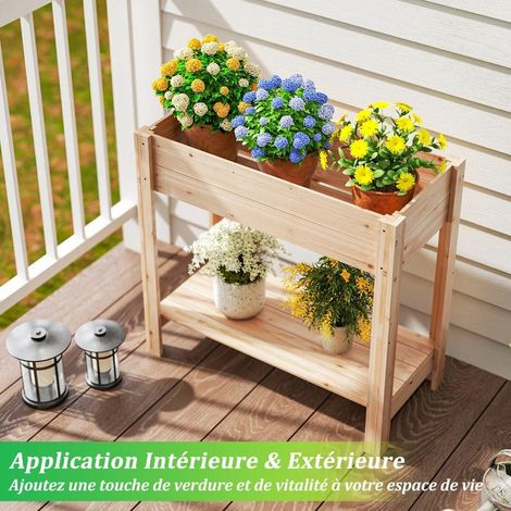 En Bois de Sapin Carré Potager sur Pieds Jardinière avec Étagère et Drainage pour Balcon Jardin 81x38x76cm (1/5)