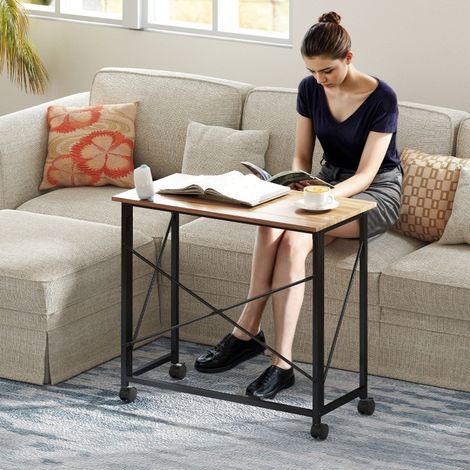 DESMIU Bureau pliant à roulettes avec 2 roues verrouillables, plateau en MDF, structure en acier, chêne, 80 × 40 × 75 cm (1/5)
