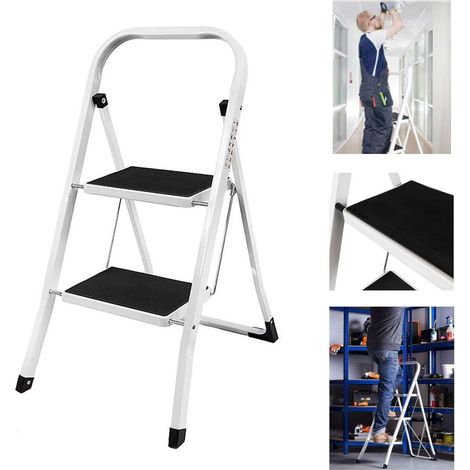 Escabeau pliable à 2 niveaux - Escabeau pliable - En acier - Pliable - Antidérapante - Charge maximale : 150 kg - Pour la maison, la cuisine, le garage