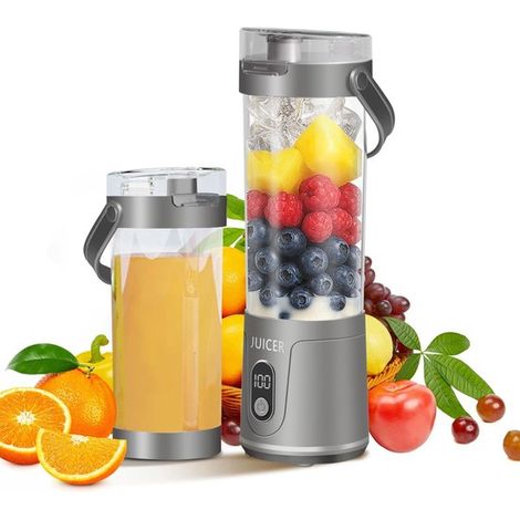 Minibatidora portátil para preparar batidos, capacidad de 600 ml, 12 cuchillas, recargable por USB – Gris (1/5)