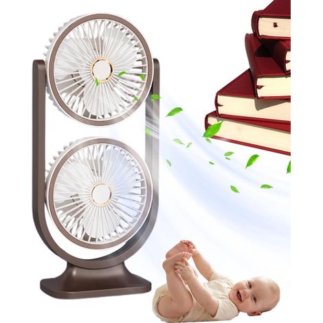 Ventilatore da tavolo doppio marrone – senza fili, ricaricabile, 5 velocità, regolabile a 360°, con luce notturna, per ufficio o casa (1/5)