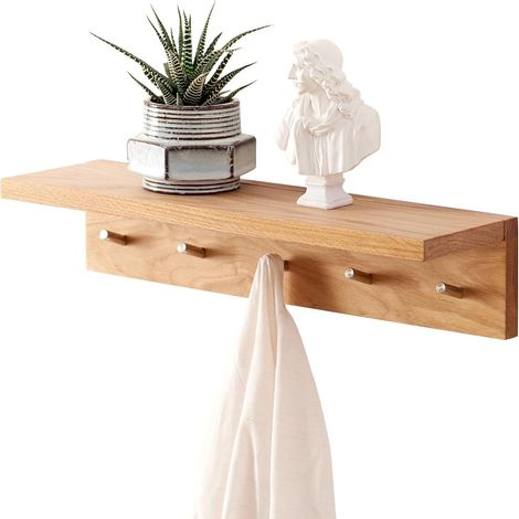 Chêne Etagere Murale avec Crochets, 50cm Flottante Etagere Murale en Bois Massif, Patere Portemanteaux avec Etagère pour Salle de Bain, Chambre, Salon, Entrée, Bureau (50cm - 5Crochets)