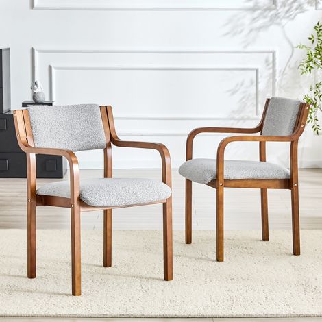 Set di 2 sedie da pranzo con braccioli, poltrona per soggiorno e cucina, in legno marrone e tessuto bouclé grigio (1/5)