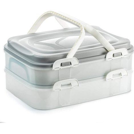 Boîte de transport alimentaire, idéale pour cupcakes, muffins, gâteaux et autres occasions festives. 2 étages de 7 litres avec poignées pliables, couleur grise. (1/3)
