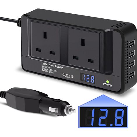 200W Car Power Inverter, DC 12V to AC 230V, 2 Sockets, 4 USB Ports (2x QC3.0), Black, Car Lighter Plug, Ideal for Truck, RV, Camping, 1 Pack (1/5)