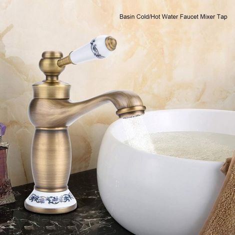 Rétro Mitigeur Robinet de Lavabo Laiton Céramique Évier Robinet Bleu Et Blanc en Porcelaine À Long Cou Vintage Floral avec l'entrée Robinet d'eau Froide/Chaude Cuisine Salle de bain(antique)-- (1/5)