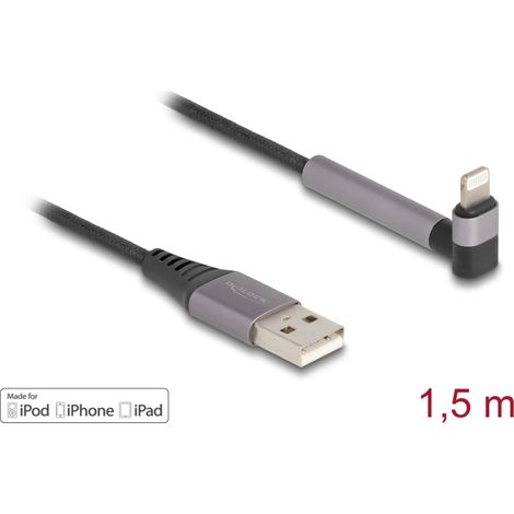 Delock Cable de datos y carga USB a Lightningâ¢ para iPhoneâ¢, iPadâ¢, iPodâ¢ acodado con funciÃ³n de soporte negro 1,5 m MFi Certificado