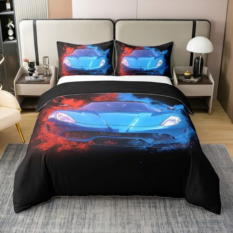 Parure de lit pour garçons et filles - Motif voiture de course - Housse de couette - 135 x 200 cm - Bleu - Flamme rouge - Housse de couette douce et légère (1/5)