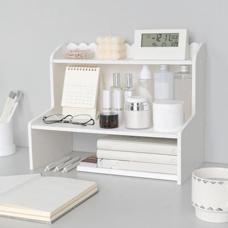 Organisateur d'étagère de bureau en bois blanc, présentoir multicouche pratique et élégant pour ranger vos accessoires de travail (1/4)