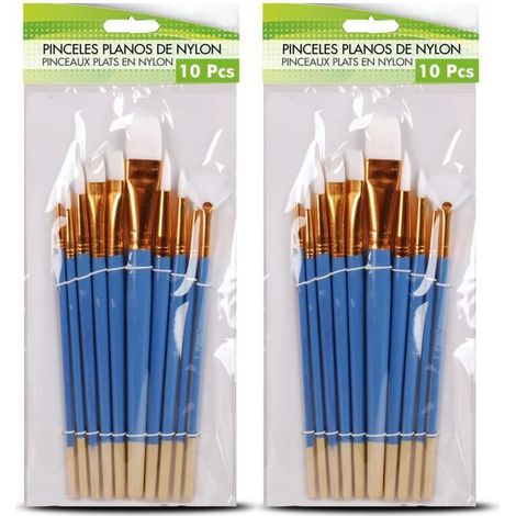 Lot de 2 paquet de 10 pinceaux plats en nylon, brosses mixtes professionnelles, pinceau à pointe fine multifonction