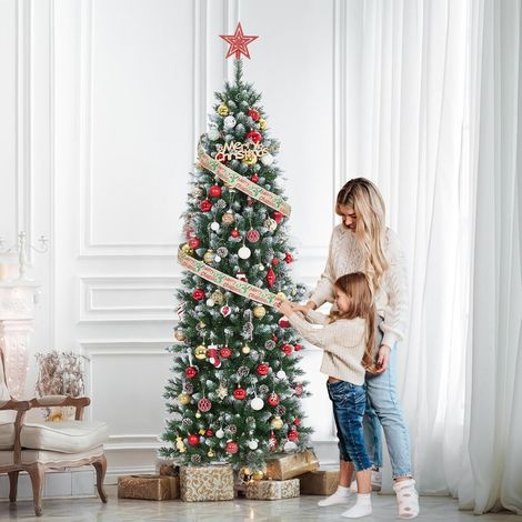 Sapin de Noël Artificiel Crayon étroit pré-illuminé 230 cm – 350–400 LED Blanc Chaud – env. 1000 Pointes, Pommes de pin, Pied métal Pliable (1/5)