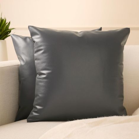 Set of 2 Cushion Covers 60x60 cm Dark Grey Faux Leather Invisible Zipper Living Room Outdoor (1/5)