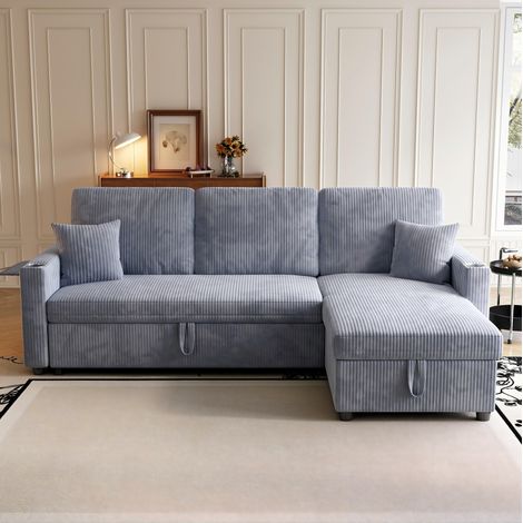 Divano angolare convertibile con contenitore, velluto a coste grigio, 207,5 x 142 x 84,5 cm DESVIAE (1/5)