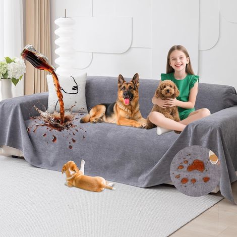 Housse Imperméable Canapé, Protection Chien Canapé, Protege Canape 3 Places, Housse de Canape Anti Dérapante, Anti-Griffes Protège pour Chiens Chats Animaux, Gris, 340x180cm (1/5)