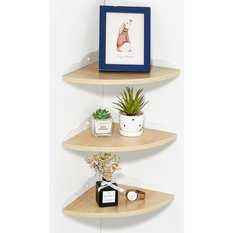 Lot de 3 Étagère d'angle Flottante Rustique en Bois, Brun Clair Etagere Murale Tablettes Flottantes Rangement pour Cuisine, Chambre, Salon, Fixations Incluses, 27CM Rayon (1/5)