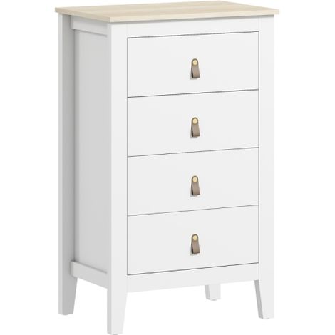 Modern 4 Drawer Bedroom Dresser Cabinet with PU Leather Handles and Metal Runners for Living Room and Hallway,Stylish White Finish