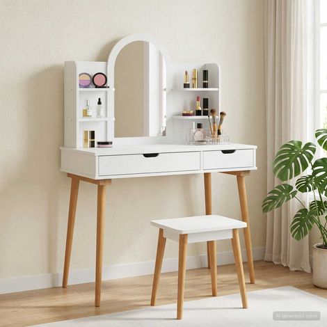 Ensemble coiffeuse 4 pièces avec miroir, bois d’ingénierie et pin massif, blanc, 100 x 50 x 143 cm - PANGIVO (1/5)