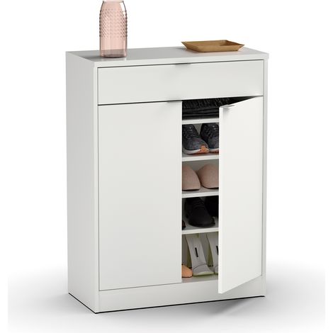Commode meuble à chaussures coloris blanc brillant - Hauteur 101 x Longueur 75 x Profondeur 36 cm -PEGANE- (1/4)