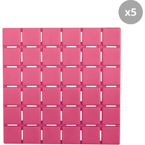 Lot de 5 Tapis antidérapants de douche ou baignoire Caoutchouc QUADRO 13x13cm Fushia MSV (1/5)