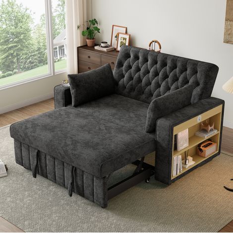 Sofá cama 140x137x84 cm de chenilla gris, convertible con almacenamiento, para salón pequeño (1/5)