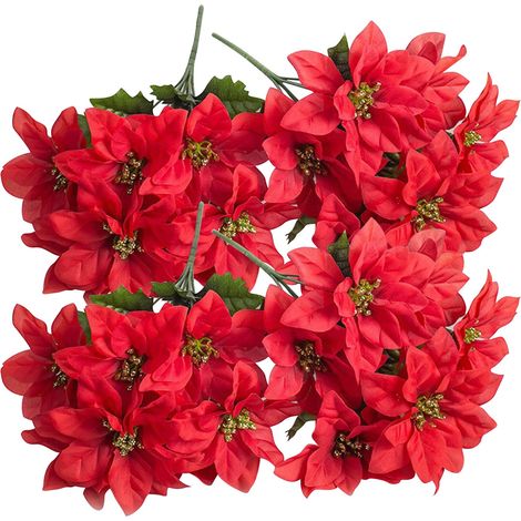 Buisson De Poinsettia Artificiel - 4 Pièces - 7 Têtes Par Buisson - 35 Cm - Tissu Soyeux Rouge - Décoration De Noël Et Fêtes (1/2)
