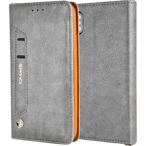 (Gris, iPhone 15) Étui portefeuille magnétique à rabat professionnel avec porte-cartes et étui de téléphone, protection antichoc en cuir. (1/4)