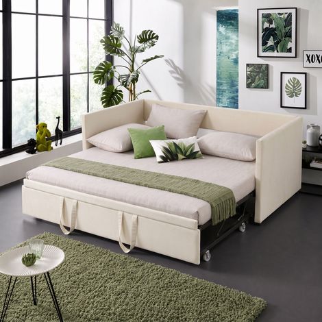 VASIEN –Lit gigogne 90/180x200cm,lit capitonné canapé-lit extensible avec sommiers à lattes,Canapé lit 2 Places 90/180 x 200,lit Canapé-lit Convertible,multifonctionnel style moderne,Velours - Beige (1/5)