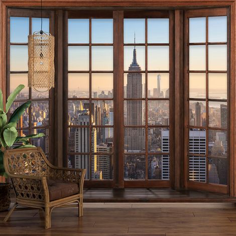 Papier peint panoramique Trompe l'oeil Fenêtre en bois - New York - 130 cm x 104 cm (1/5)