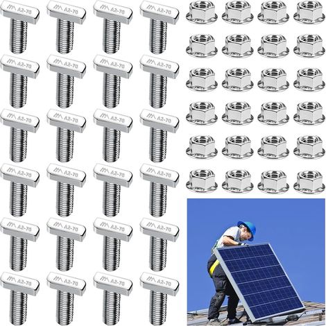 24 Pièces Vis à Tête de Marteau, Boulon Marteau M8x20 Acier Loxydable A2 70, Vis Tête Marteau M8 avec 24 Écrous à Bride pour Rails de Montage Solaires PV, Serre et Photovoltaïque (1/5)