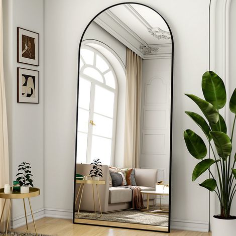 Koonmi Miroir Pleine Longueur - Noir - À Angle Droit Et Arqué - 180 X 65 cm - Verre Trempé - Cadre En Alliage D'aluminium - À Poser Sur Pied Ou À Fixer Au Mur