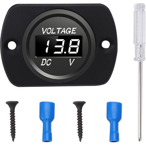 DC 12V 24V Voltmètres de Voiture Étanche avec Affichage à LED et Plaque de Montage, Jauge de Tension Ronde avec Bornes, Mini Voltmètre à LED pour Bateau Moto Camion ATV UTV, Blanc
