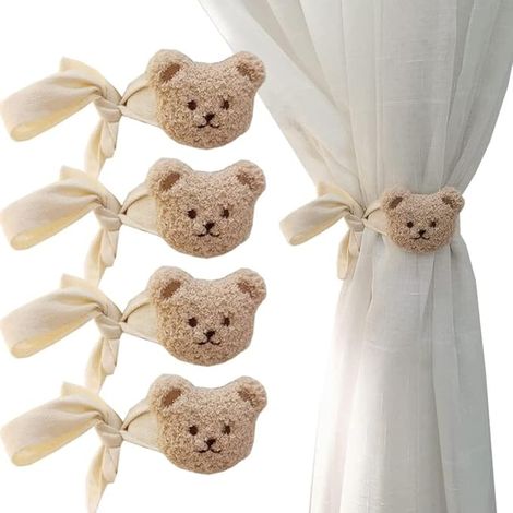 Embrasses pour Rideaux, 4 Pièces Attaches de Rideaux en Forme d'ours de Dessin Animé pour Enfants, Porte-Rideaux en Coton Accessoires de Rideau Decoration pour Chambre d'enfant (1/3)