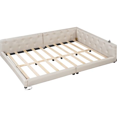 Sofá cama 140 x 200 cm con somier de láminas, LED 7 colores, USB Tipo-C, beige (1/5)