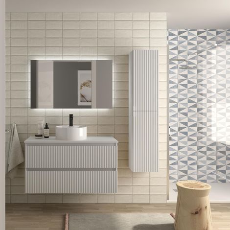 Mueble de Baño KIRA 100cm Blanco Mate 2 cajones Lavabo sobre encimera 1 poza Porcelana (1/5)
