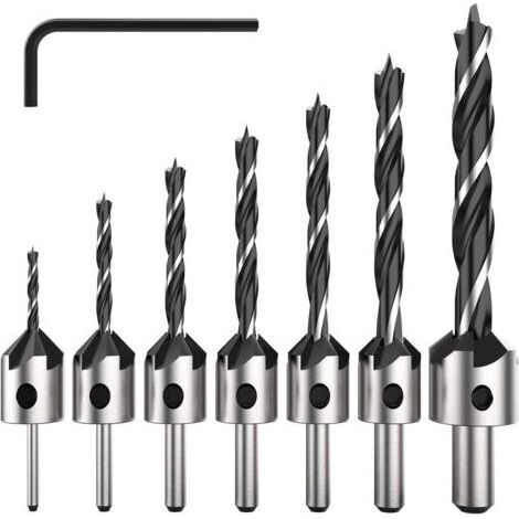 Ensemble de 7 forets à fraiser HSS à 5 cannelures pour vis à bois de différentes longueurs, pour un vissage et un dévissage faciles, avec des diamètres de 3 à 6 mm. (1/5)