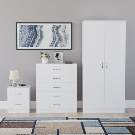 Riano 3 Piece Bedroom Set (2 Drawer Bedside Chest, 5 Drawer Chest, 2 Door Wardrobe), White (1/5)