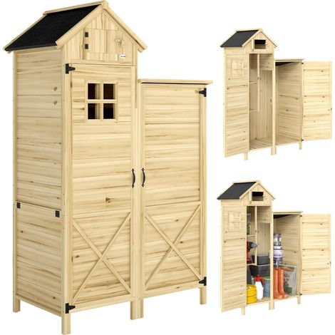 Abri de jardin en bois 106 x 57 x 167 cm, abri de jardin extérieur, armoire à outils avec double zone, portes, étagères amovibles, toit bitumé imperméable et fenêtre, naturel (1/5)