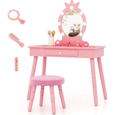 COSTWAY Coiffeuse Enfant Fille avec Miroir & Lumière LED à 3 Couleurs, Table de Maquillage et Chaise avec Tiroir et Forme de Couronne, Dispositif Anti-basculement, Charge 50/50kg pour 3-7 Ans (1/5)