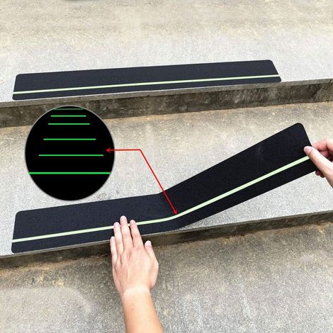 Tiras antideslizantes de 30" x 4" (paquete de 10) con tira fosforescente, cinta adhesiva antideslizante para exteriores, adhesivo abrasivo de alta adherencia para peldaños de escaleras. (1/5)