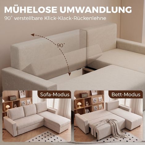Ecksofa mit Schlaffunktion und ausklappbarer Chaiselongue, L-förmiges Dreisitzer-Sofa mit Veloursbezug, beige. (1/5)