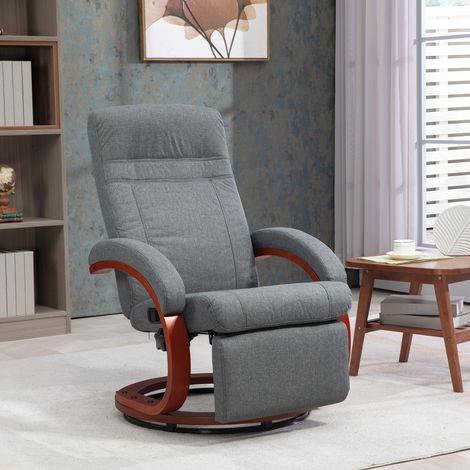 Poltrona reclinabile con poggiapiedi pieghevole, girevole, schienale reclinabile, effetto lino, portata massima 140 kg, colore grigio. (1/5)