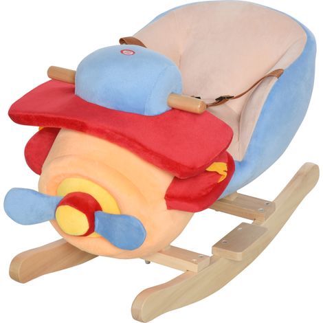 Cavallo a Dondolo a Forma di Aeroplano per Bambini di Età Superiore a 18 Mesi, Cacalluccio a Dondolo con Musica Incorporata in Legno Alamo, Max:60kg 60x33x45cm