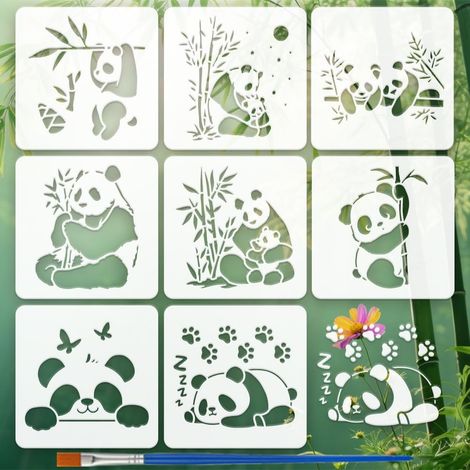 8Pcs Pochoir de Peinture Panda en Bambou Avec Un Pinceau Pochoirs Muraux en Bambou et Panda Mignons 15x15cm Réutilisables à Thème Animalier pour Toile Murs Meubles en Bois Décorations (1/5)