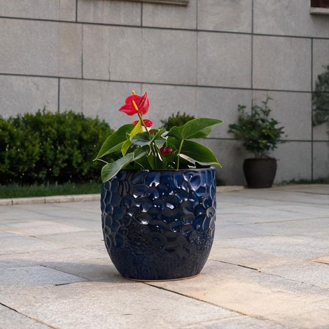Pot de fleurs en céramique bleu marine Ø22,5 cm avec relief (1/5)