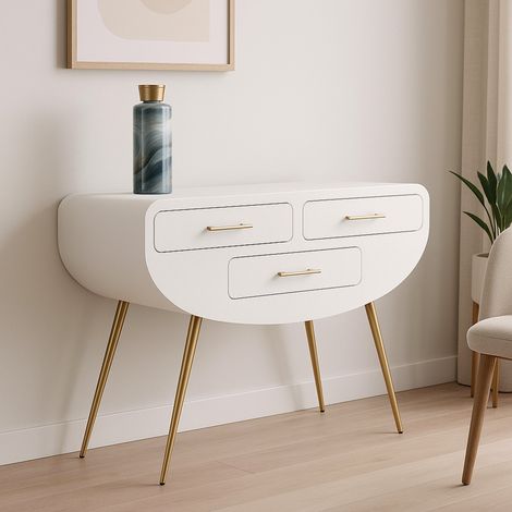 Dmora - Consola Tomato, Mesa multiusos, Gabinete de soporte, Escritorio de pasillo, 110x40 h80 cm, Blanco y Oro (1/5)