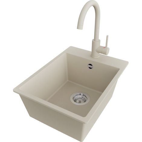 PRIMAGRAN Evier Cuisine en Granit 38x50cm,Lavabo 1 bac + Robinet 32x20cm + Kit de Vidage, Évier à Encastrer au meuble 40cm - Riga, Beige (1/5)